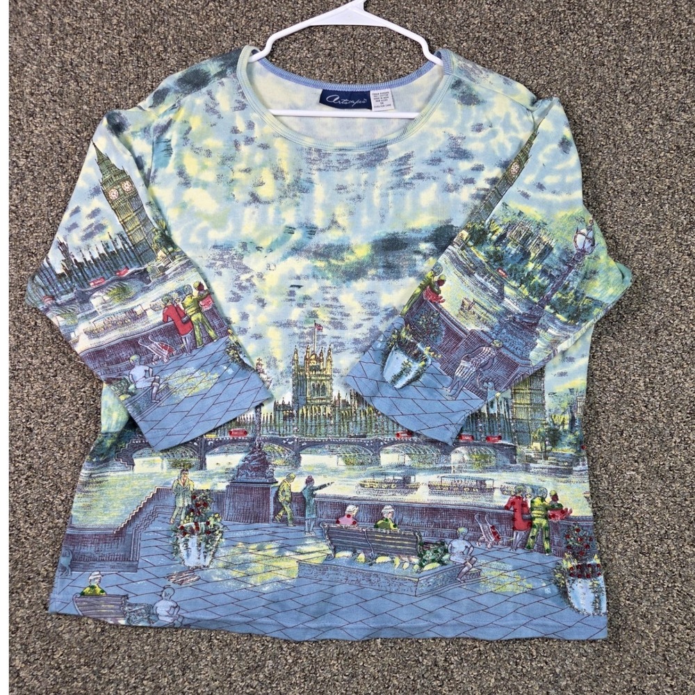 Artscapes London Scene Top Womens 1X Blue Cotton 3/4 Sleeve Graphic Tee A06855